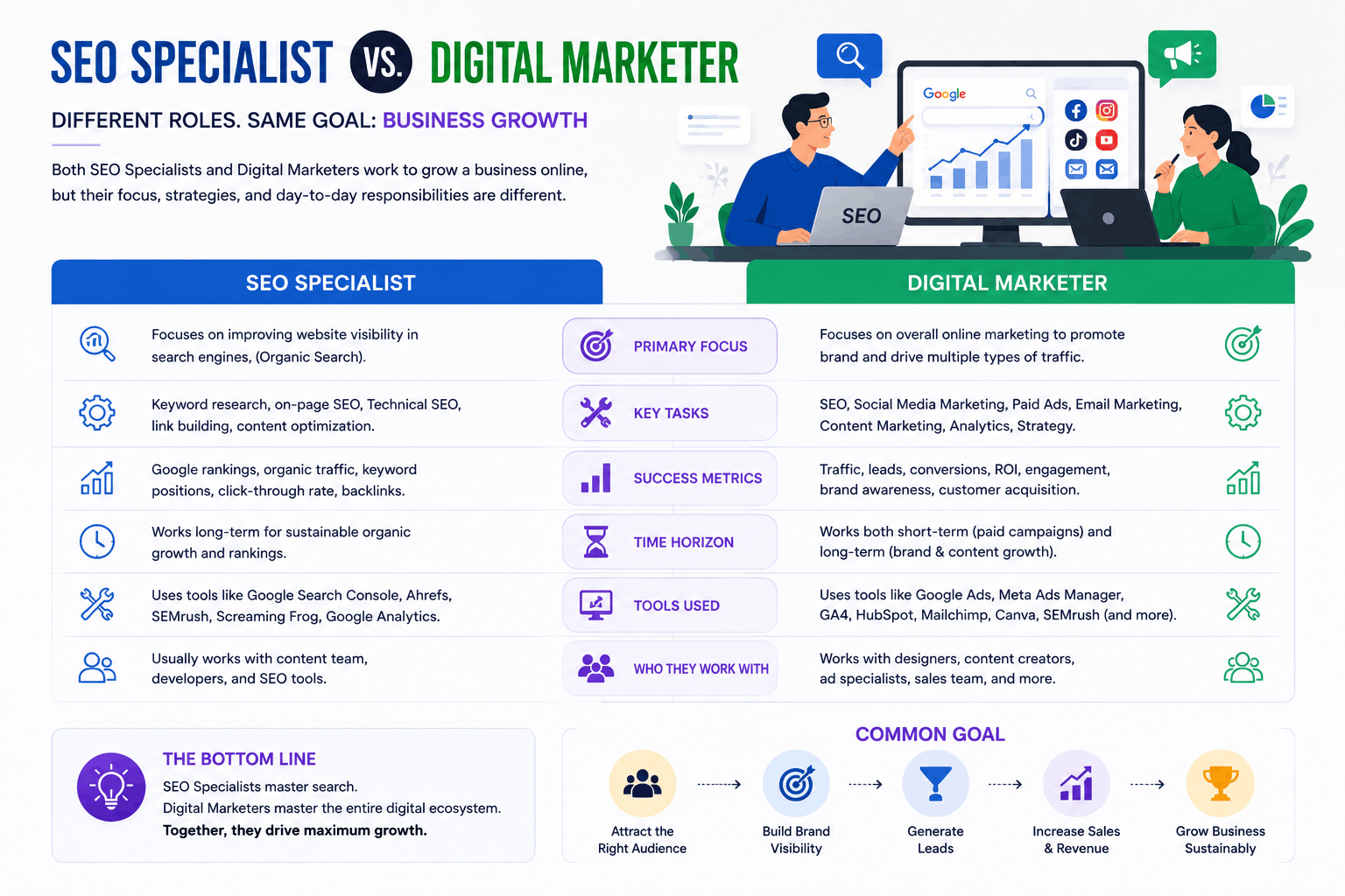 seo specialist vs digital marketer comparison infographic